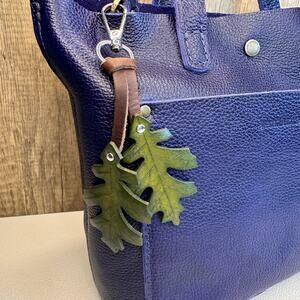 Leather Autumn Fall Purse Charm Oak Leaf Bag Charm Genuine Leather Keychain